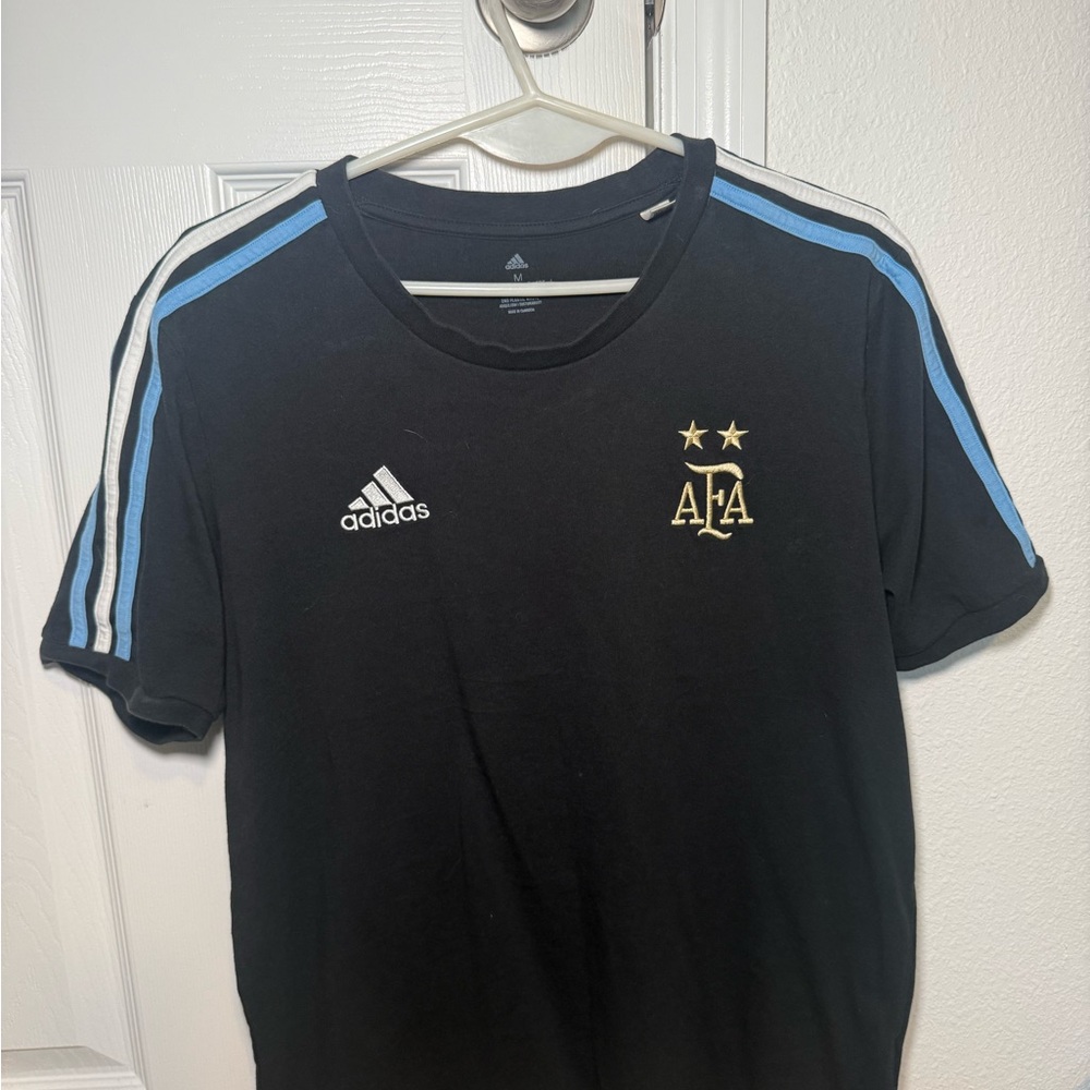 Adidas Black T-Shirt with Blue and White Stripes